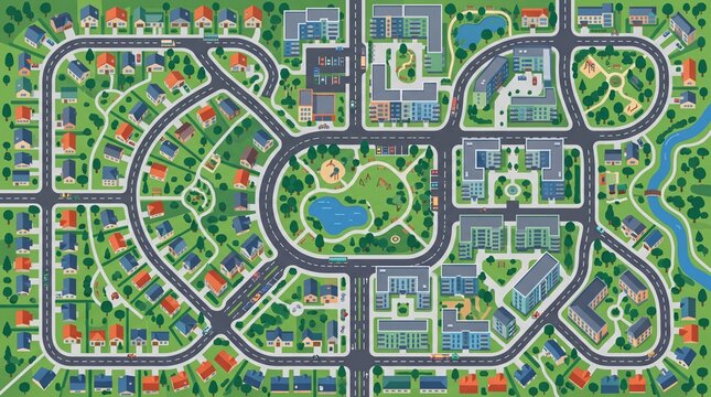 Aerial view of a modern town city clipart with houses and parks