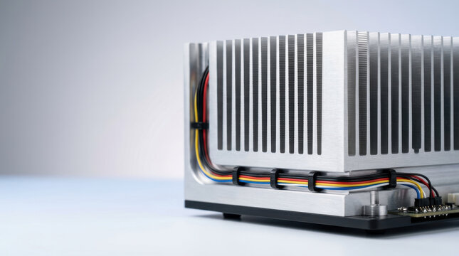 Electric drivetrain research equipment with aluminum heat sink, colored cable, and circuit board on clean studio background