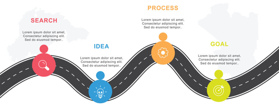 Business road map timeline infographic design with 4 steps. Infographic template design for business growth, business presentation, report, brochure.