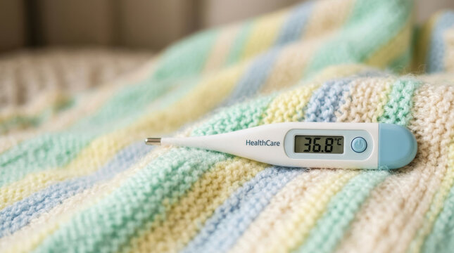 Digital thermometer on knitted blanket supports healthcare accessibility during home illness monitoring