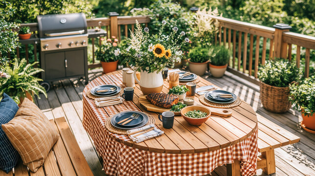 Backyard picnic table barbecue grill garden outdoor dining summer lunch rustic tablecloth floral centerpiece wooden deck family gathering relaxed mood