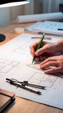 A pair of hands draws lines on a blueprint. Vertical shot