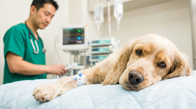 Veterinarian in green scrubs examines a golden retriever dog receiving treatment in a veterinary clinic with medical equipment and IV fluids visible in the background