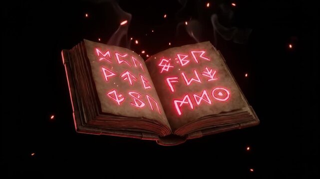 Mysterious 4K Ancient Spellbook Floating with Glowing Red Runic Symbols and Magic Smoke against a Dark Void Background