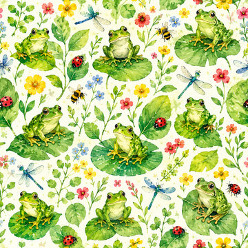 Whimsical frog and pond pattern with water lilies, green foliage and playful botanical elements in a colorful nature inspired repeating design.