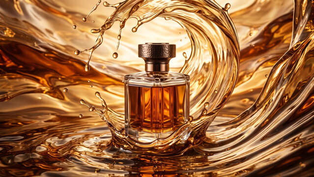 luxury perfume bottle surrounded by a dynamic splash of golden liquid
