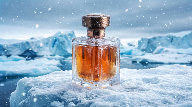 luxury amber perfume bottle resting on snow in a freezing glacial landscape