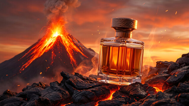 luxury amber perfume bottle resting on glowing magma rocks with an erupting volcano.