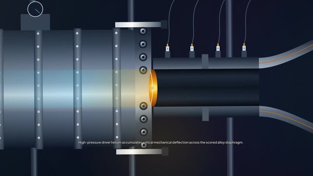Animated diagram of a hypersonic shock tunnel testing atmospheric entry aerodynamic stability and thermal shield resilience using luminous plasma and optical diagnostics in a vacuum cell