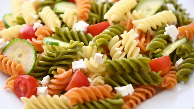 Colorful tricolor pasta salad rotating on a plate, showing the dish from different angles. Fresh homemade meal, healthy eating and Mediterranean food concept.