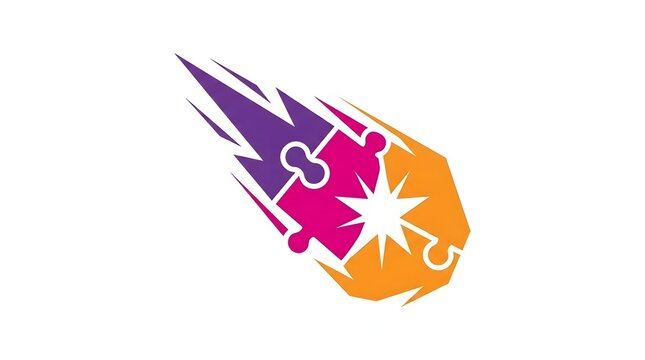 Abstract colorful meteor puzzle logo design. Vector illustration of falling comet with jigsaw puzzle pieces, starburst and dynamic energy trail