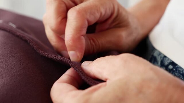 Senior woman hand sewing fabric with needle and thread for clothing repair at home.