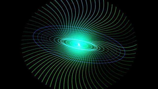 Abstract digital background with glowing neon light lines forming a circular spiral pattern