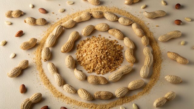 Whole peanuts and finely ground peanut kernels arranged in a circular spiral pattern