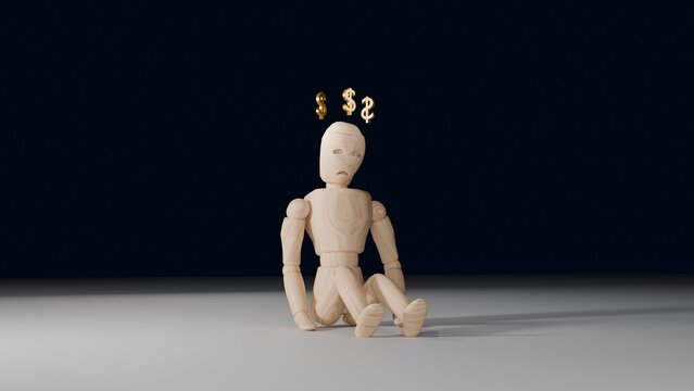 Wooden figure sitting on the ground with dollar signs above its head