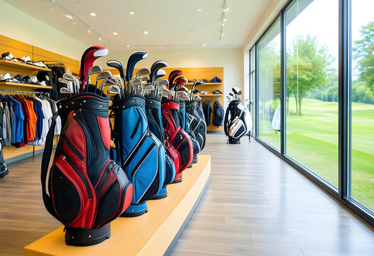 Golf retail and sports equipment, professional golf bags with clubs in a modern clubhouse pro shop overlooking a green course on a sunny summer day