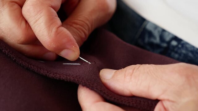 Extreme close-up of senior woman hand stitching garment with needle and thread. Detailed sewing and clothing alteration process.