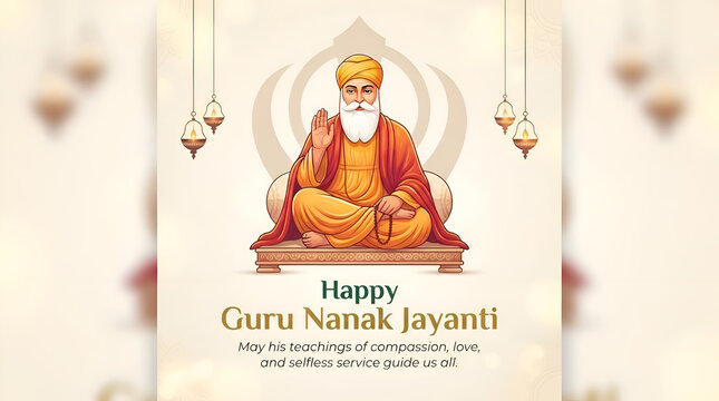 Happy Guru Nanak Jayanti Post and Greeting Card. Celebrating Birthday of Guru Nanak Dev Ji Banner Vector