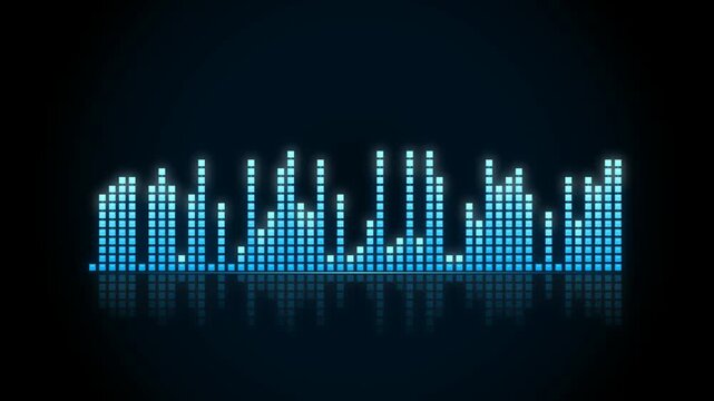 Abstract digital audio equalizer with blue glowing bars on a black background