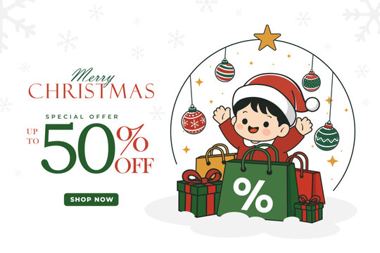 Festive Christmas sale banner featuring a cute Santa character, gift boxes, shopping bags, ornaments, snowflakes, and a discount sales concept for holiday shopping promotions and retail advertising.