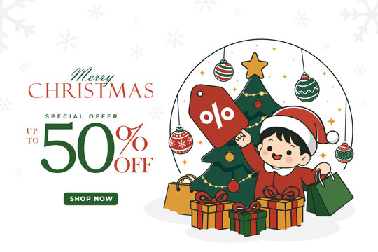 Christmas sale design with Cute Santa, gifts, ornaments, shopping bags, & discount offer promotion.
