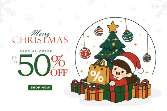 Festive Christmas sale shopping illustration featuring a Christmas tree, ornaments, gift boxes, shopping bags, discount percentage symbol, snowflakes, and a cheerful holiday character.