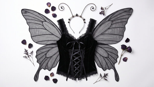 Halloween fairy outfit concept &mdash; velvet bustier with ribbon lacing, translucent wings, wire antennae crown and scattered dried petals