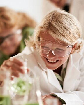Blonde student wearing safety goggles performs chemistry experiment with green liquid, academic science education research