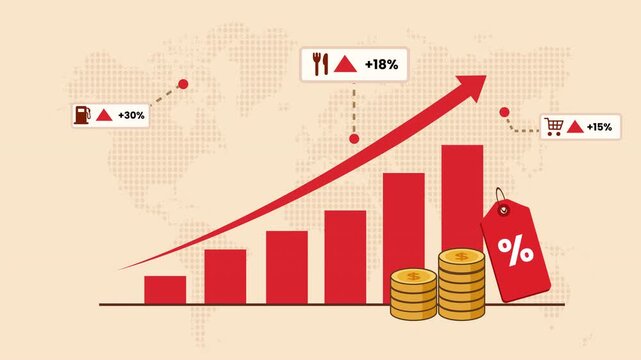 Animated 2D flat vector chart with ascending red bars, a rising red arrow, gold coin stacks, and a beige dotted world map background, representing global economic data.