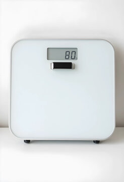 Weight loss and health monitoring, digital bathroom scale showing eighty kilograms for fitness progress tracking and body mass index management at home