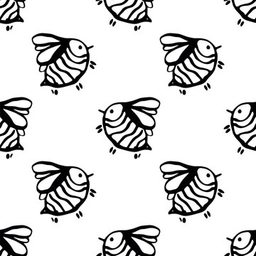Seamless pattern with hand drawn happy funny cute honey bee Adorable flying striped insect friendly kawaii bumble bee For kids print, wrapping paper, packaging, fabric