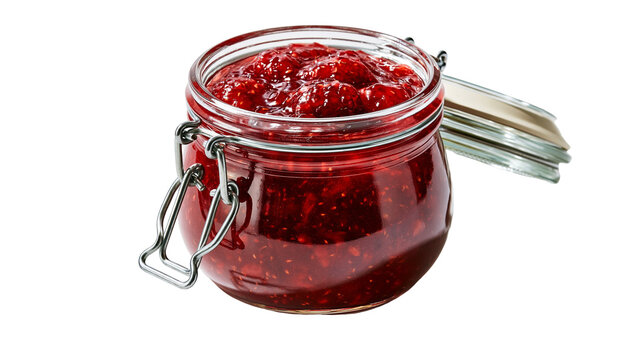Red raspberry jam in a glass jar with a metal wire bail closure