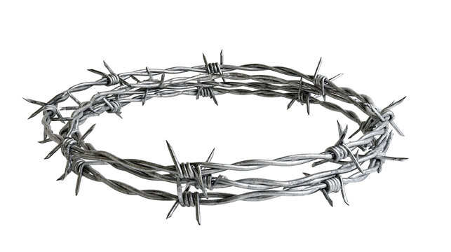 Circular crown made of sharp metallic barbed wire with twisted spikes