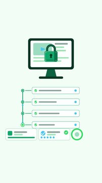 Vertical 9:16 animated digital rights management verifying licenses in green and teal on a clean light background. Seamless looping 4K process flow motion graphics for reels, shorts and explainer vide