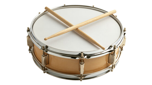 Wooden snare drum with chrome hardware and two crossed wooden drumsticks