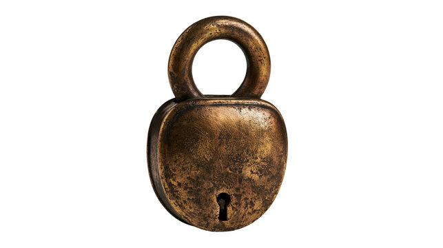 Antique weathered brass heart shaped padlock with dark patina and keyhole