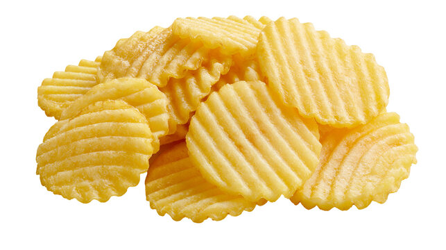 Golden crispy ridged potato chips pile