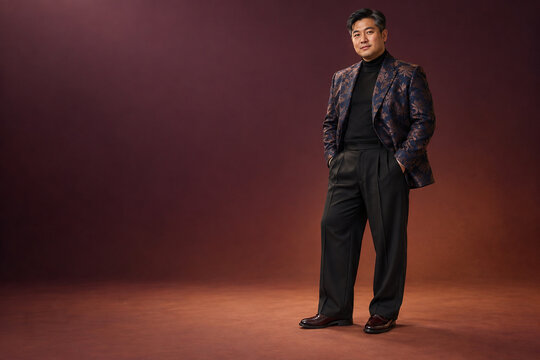 Plus size East Asian man in jacquard jacket with holiday copy space