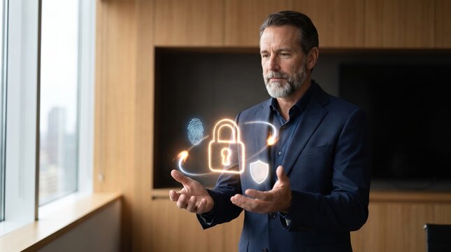 Identity Access Management and Fiduciary Cyber Governance Concept, Executive with Luminous Golden Security Lock Icon in Modern Office