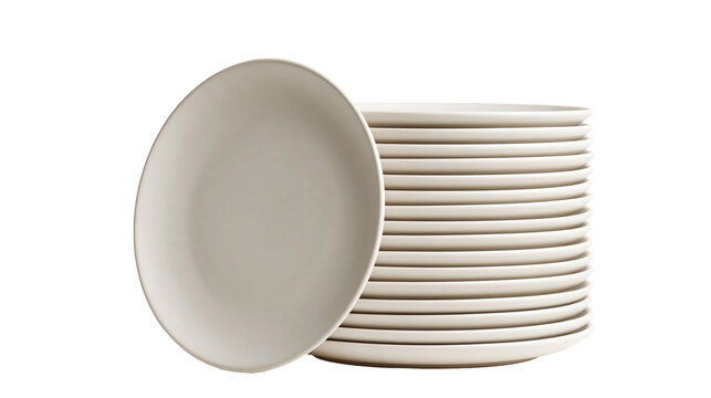 Stack of round matte beige ceramic dinner plates