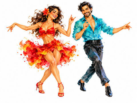 Dynamic watercolor salsa dance illustration featuring energetic dancers in vibrant red, orange and turquoise clothing, isolated on a clean white background.