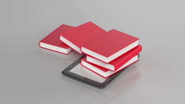 Falling e-book reader and red books on shiny grey background