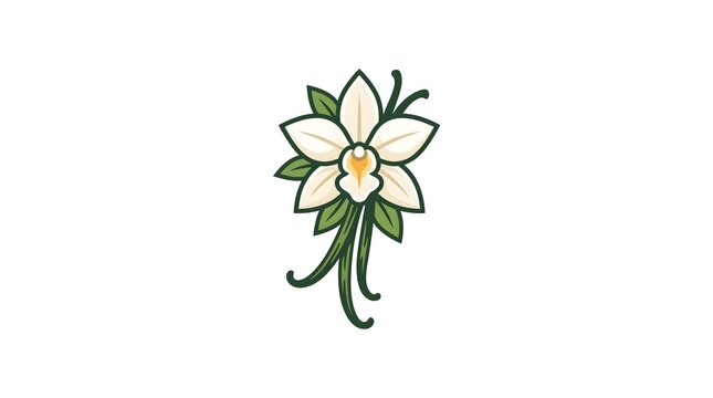A clean and minimalist vector illustration of a blooming vanilla orchid flower with green leaves and vanilla pods, isolated on a solid white background.

