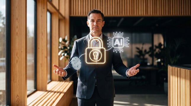 Identity Access Management and Fiduciary Cyber Governance Concept, Executive with Luminous Golden Security Lock Icon in Modern Office