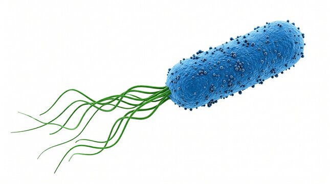 Blue rod-shaped bacteria with green flagella on a white background