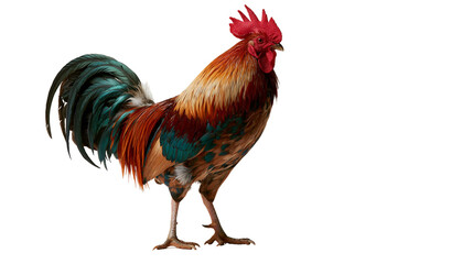 Colorful rooster with vibrant red comb and iridescent green and brown feathers © Uxia