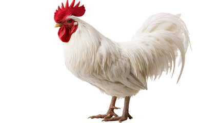 White rooster with bright red comb and wattle standing in profile © Uxia