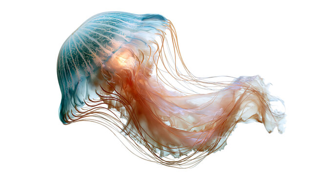 Translucent blue and orange jellyfish with long flowing tentacles