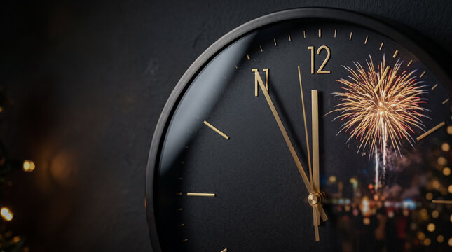 Close up of modern wall clock on dark background showing midnight new year