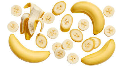 Fresh yellow bananas and sliced banana pieces arranged on a flat surface © Uxia